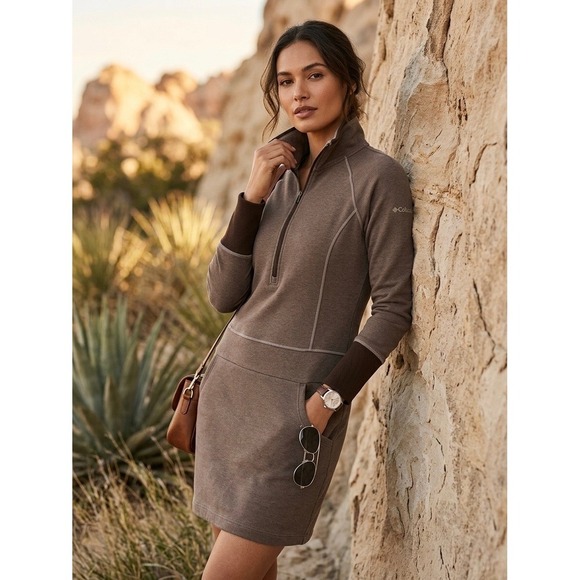 Columbia Dresses & Skirts - Columbia Womens Omni-Wick Quarter Zip Dress Brown Long Sleeve Pockets Active S